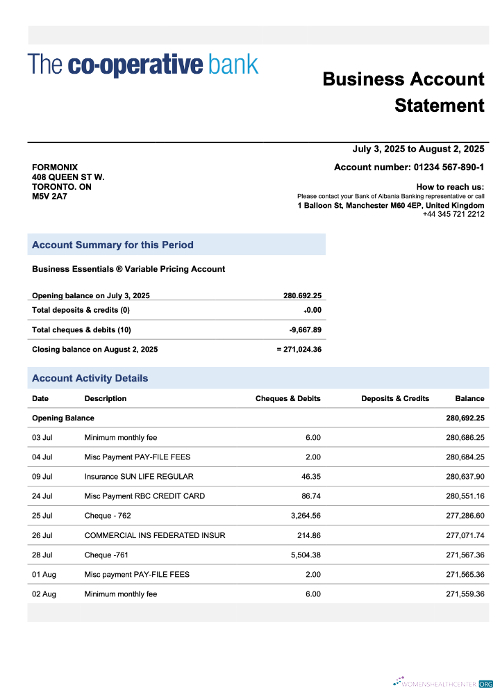 United Kingdom The Cooperative Bank firm checking account statement Word and PDF template